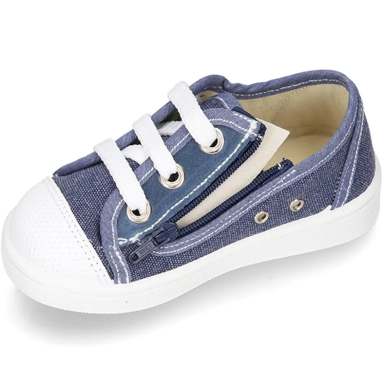 Zapatilla tipo BAMBA niño con cremallera, cordones y puntera en lona algodón.