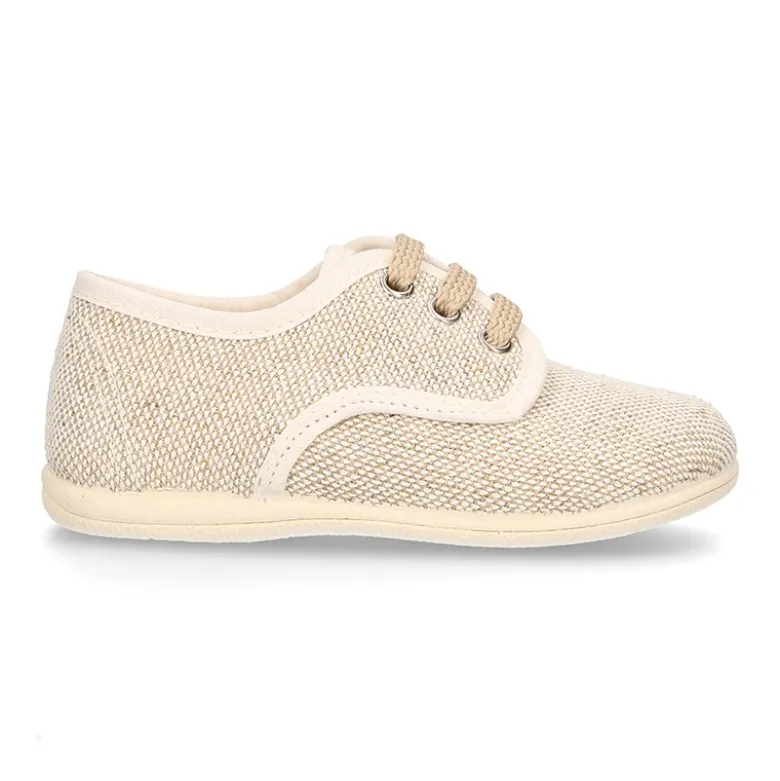 Zapatito niño tipo Blucher vestir con cordones en LINO NATURAL.