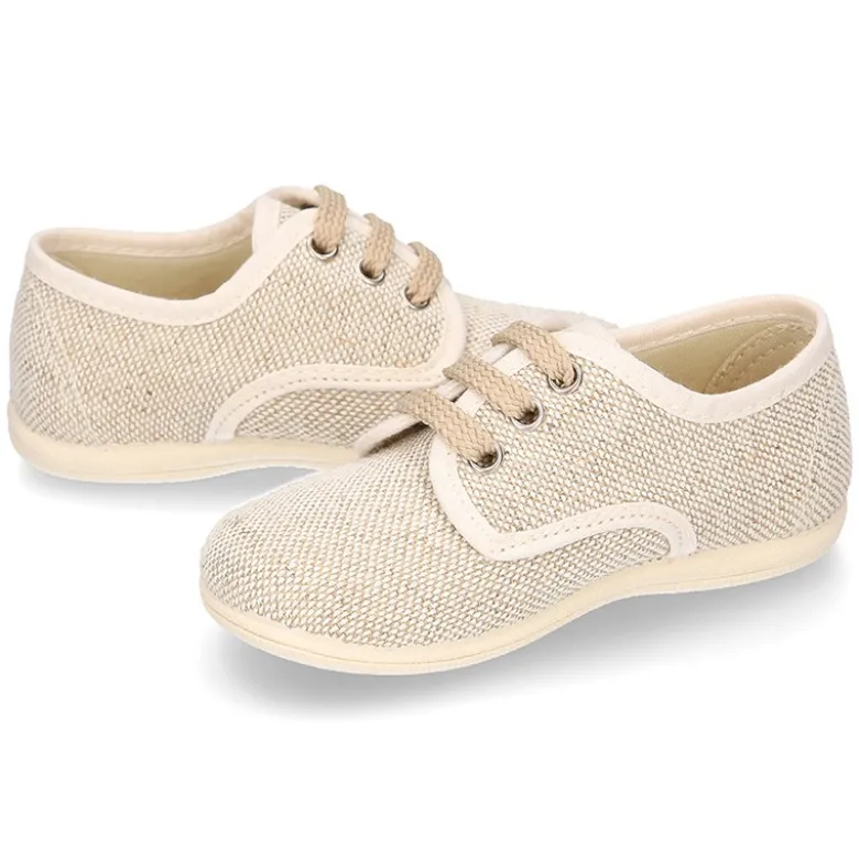 Zapatito niño tipo Blucher vestir con cordones en LINO NATURAL.