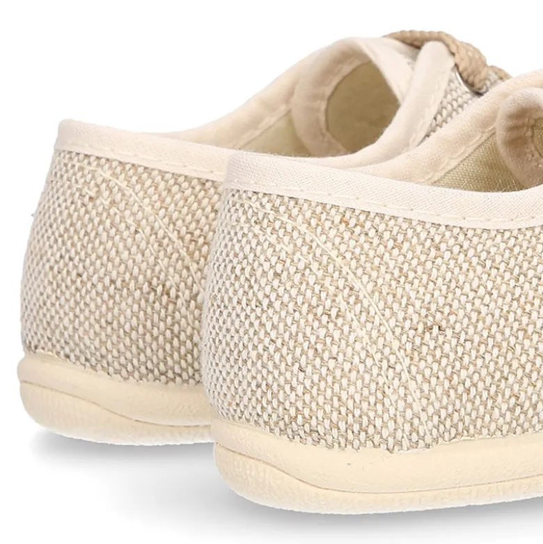 Zapatito niño tipo Blucher vestir con cordones en LINO NATURAL.