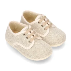 Zapatito niño tipo Blucher vestir con cordones en LINO NATURAL.