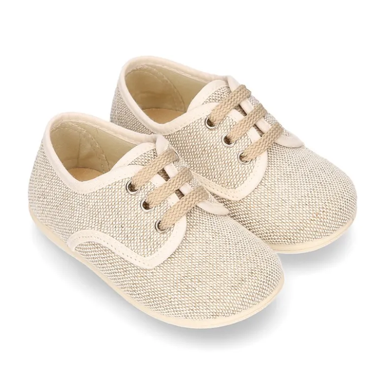 Zapatito niño tipo Blucher vestir con cordones en LINO NATURAL.