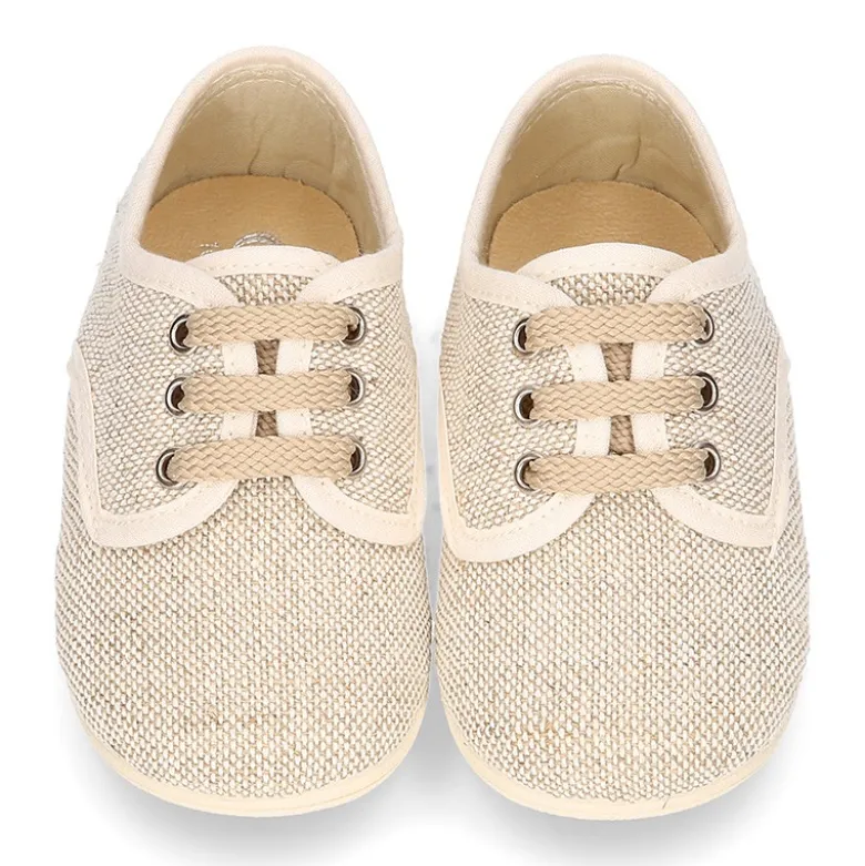 Zapatito niño tipo Blucher vestir con cordones en LINO NATURAL.
