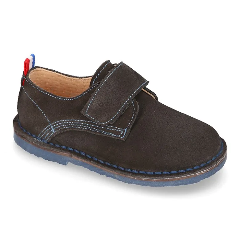Zapatito tipo BLUCHER niño sin cordones en piel serraje.